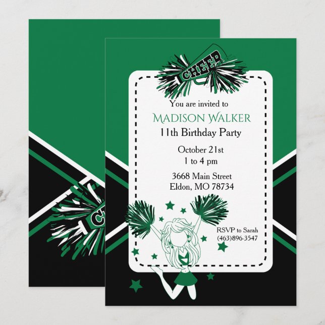 Cheerleader Birthday Party in Green Invitation (Front/Back)