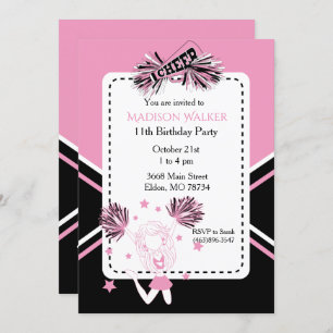 Cheerleader Birthday Party in Pink, Black & White Invitation