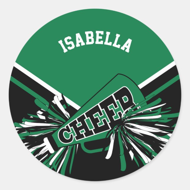 📣 Cheerleader -  Black, Green and White Classic Round Sticker (Front)