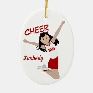 Cheerleader Black Hair Red & White Ceramic Ornament