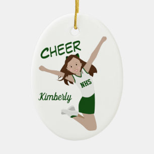Cheerleader Brunette Green & White Ceramic Ornament