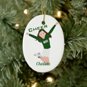 Cheerleader Brunette Green & White Ceramic Ornament