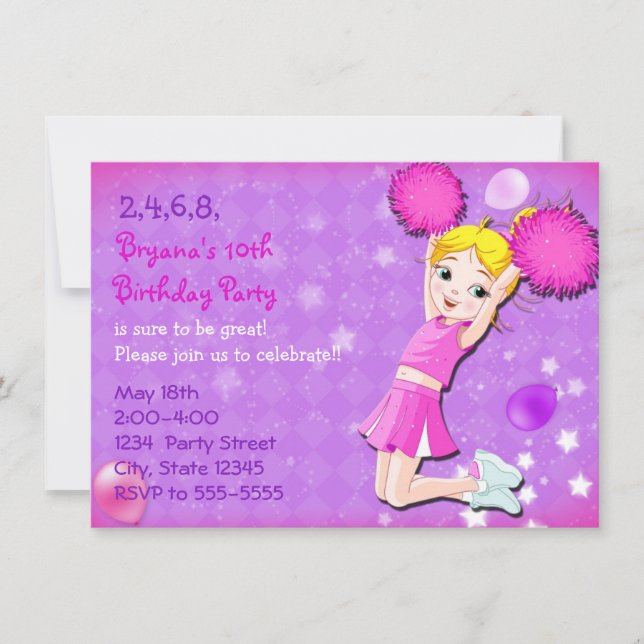 Cheerleader Cheer Birthday Party Invitations (Front)