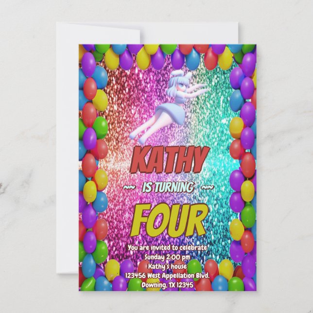 Cheerleader Cute Bunny Pompom Fun birthday invite (Front)