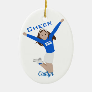 Cheerleader Dark Brunette Blue & White Ceramic Ornament
