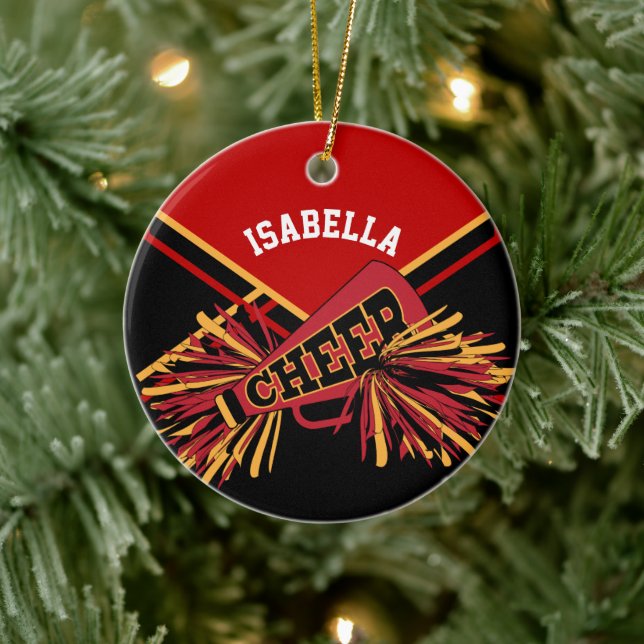 Cheerleader 📣 - Dark Red, Black and Gold Ceramic Ornament (Tree)