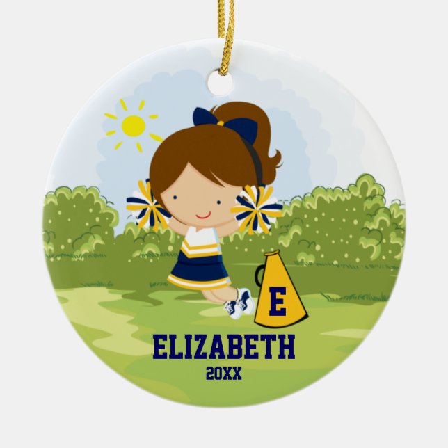 Cheerleader Girl Christmas Ornament Blue Gold (Front)