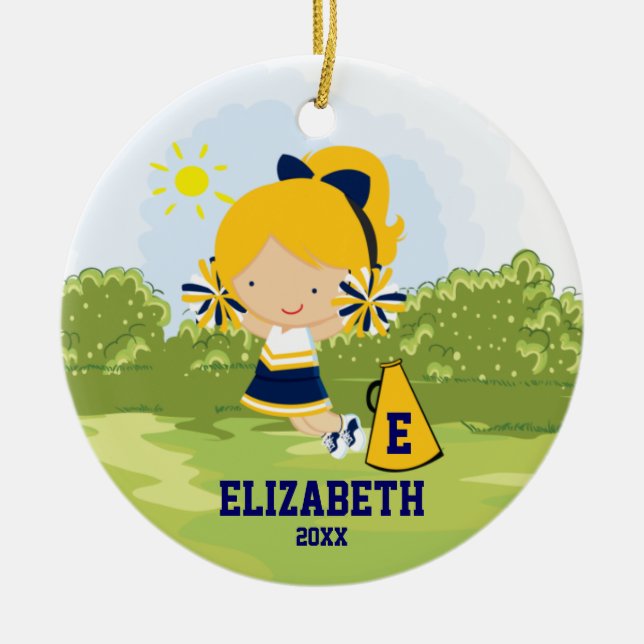 Cheerleader Girl Christmas Ornament Blue Gold (Front)