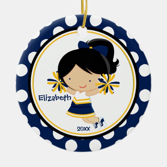 Cheerleader Girl Christmas Ornament Blue Gold (Front)