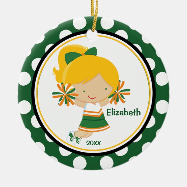 Cheerleader Girl Christmas Ornament Green Gold (Front)
