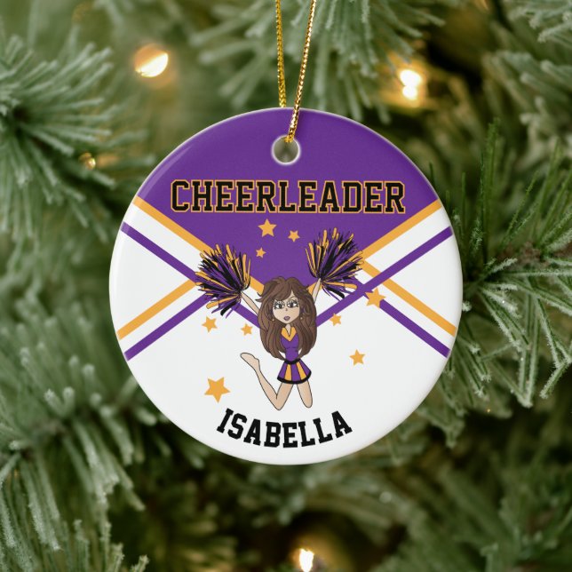 Cheerleader 📣 💖 Girl -  Purple and Gold  Ceramic Ornament (Tree)