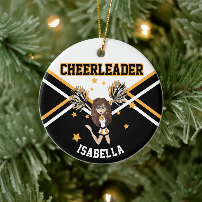 Cheerleader 📣 💖 Girl - White, Black and Gold Ceramic Ornament (Tree)
