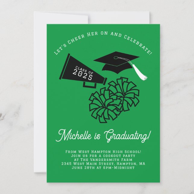 Cheerleader Graduation Party Green and Black Invitation (Front)