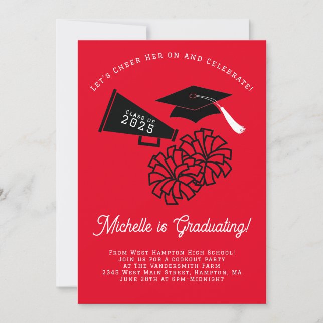 Cheerleader Graduation Party Red and Black Invitation (Front)