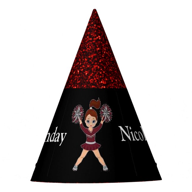 Cheerleader "Happy Birthday" Black / Red Sparkle Party Hat (Front)