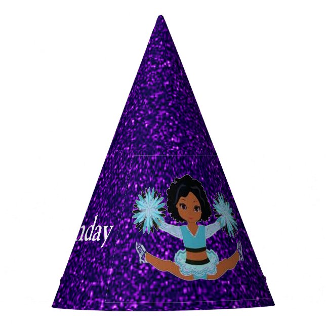 Cheerleader "Happy Birthday" Purple Sparkle Party Hat (Front)