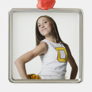 Cheerleader holding pom-poms metal ornament