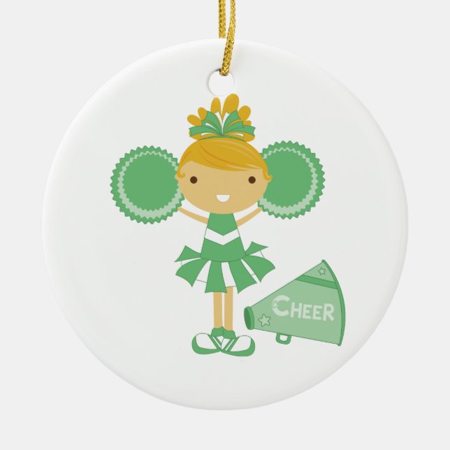 Cheerleader in Green Ceramic Ornament (Front)