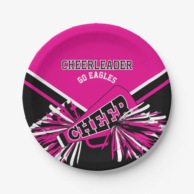 Cheerleader in Hot Pink, White and Black Paper Plate (Front)