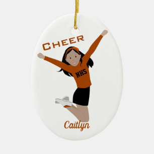 Cheerleader In Orange & Black With Black Hair Ceramic Ornament