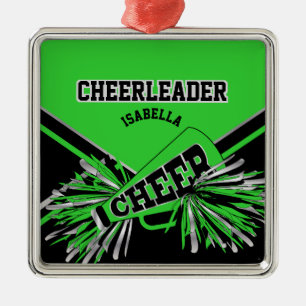Cheerleader - Lime Green, Black and Silver Metal Ornament