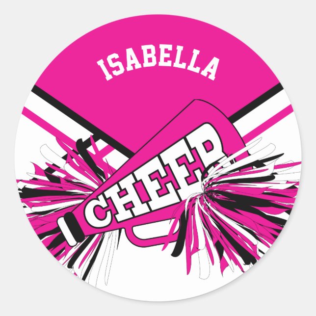 📣 Cheerleader - Pink, Black and White Classic Round Sticker (Front)