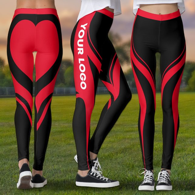 Cheerleader Red Black Heart Butt Team Uniform Logo Leggings (Red and black leggings with red heart on butt and your team logo on the side of the leg)