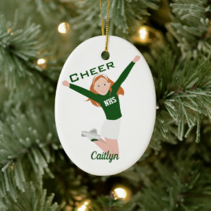 Cheerleader Redhead Green & White Ceramic Ornament