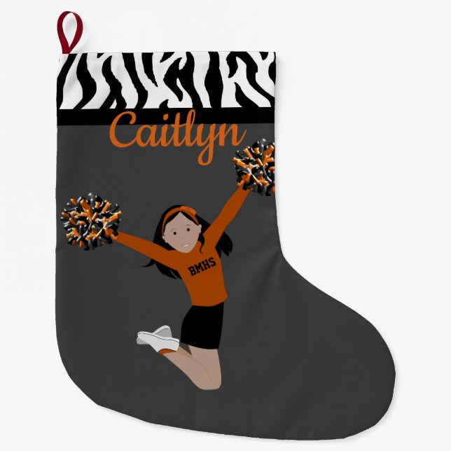 Cheerleader With Black Hair In Black And Orange  Large Christmas Stocking (Front)