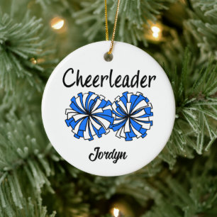 Cheerleader with Blue & White Pom Poms Ceramic Ornament