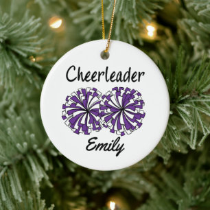 Cheerleader with Purple & White Pom Poms Ceramic Ornament