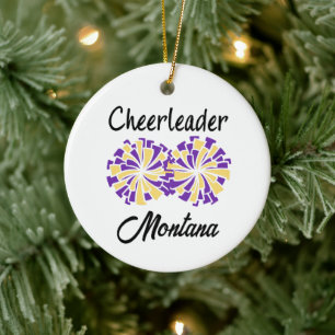 Cheerleader with Purple & Yellow/Gold Pom Poms Ceramic Ornament