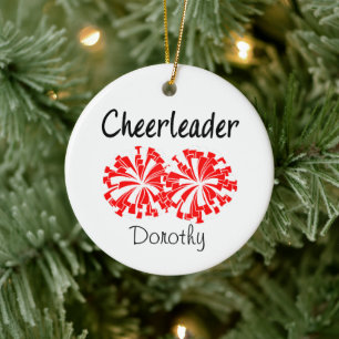Cheerleader with Red & White Pom Poms Ceramic Ornament