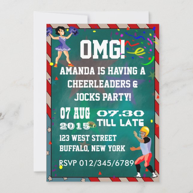 Cheerleaders and Jocks Chalkboard Invitation (Front)