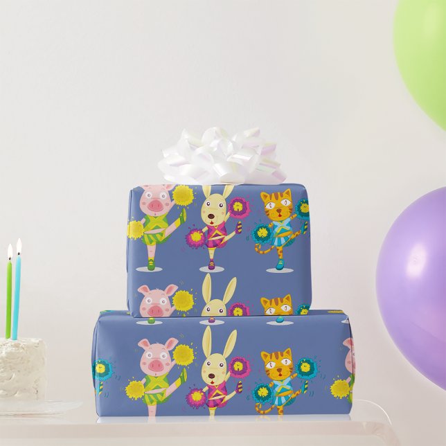 Cheerleading Animal Trio Pig Bunny and Cat  Wrapping Paper (Creator Uploaded)