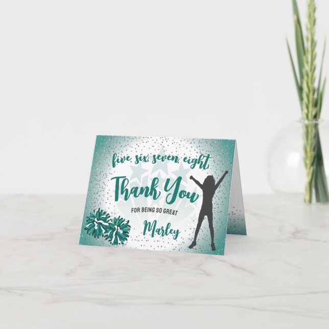 Cheerleading Birthday Green Thank You Card (Front)