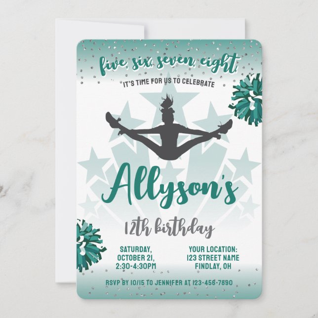 Cheerleading Birthday Party, Any Age Green Invitation (Front)