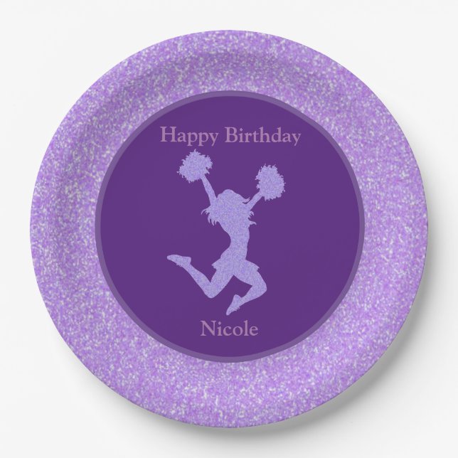 Cheerleading Birthday Party Purple Sparkle Paper Plate (Front)