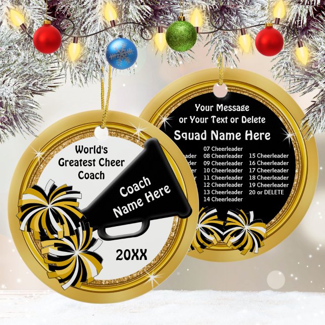 Cheerleading Coach Gift Ideas, Personalised Ceramic Ornament (Cheer coach Christmas gifts. Personalized Cheer Coach Gifts. Black Gold White, Cheer Coach Ornament.)