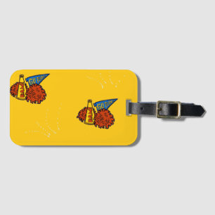 Cheerleading gear on yellow luggage tag