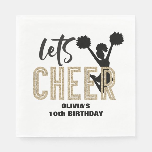 Cheerleading Gold and Black Cheer Birthday Napkin (Front)