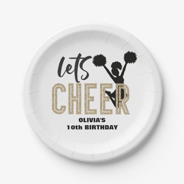 Cheerleading Gold and Black Cheer Birthday Paper Plate (Front)