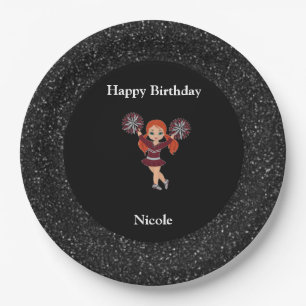 Cheerleading "Happy Birthday" Black Sparkle Paper Plate