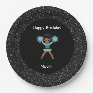 Cheerleading "Happy Birthday" Black Sparkle Paper Plate