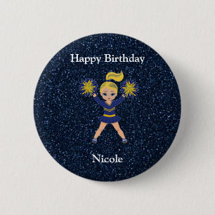 Cheerleading "Happy Birthday" Blue Sparkle Button
