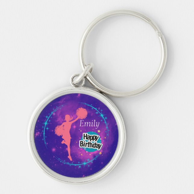 Cheerleading Happy Birthday Galaxy Personalised   Key Ring (Front)