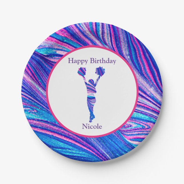 Cheerleading "Happy Birthday" Pink Purple Blue Paper Plate (Front)