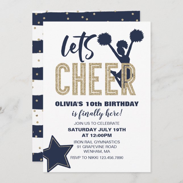 Cheerleading Navy and Gold Cheer Birthday Invitation (Front/Back)