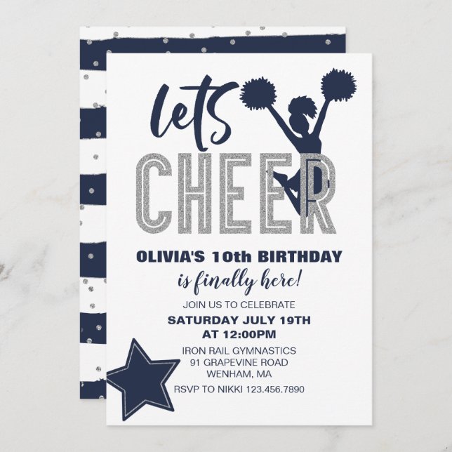 Cheerleading Navy and Silver Cheer Birthday Invitation (Front/Back)