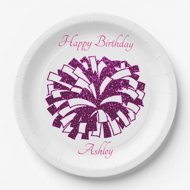 Cheerleading Pom Pom Happy Birthday Paper Plate (Front)